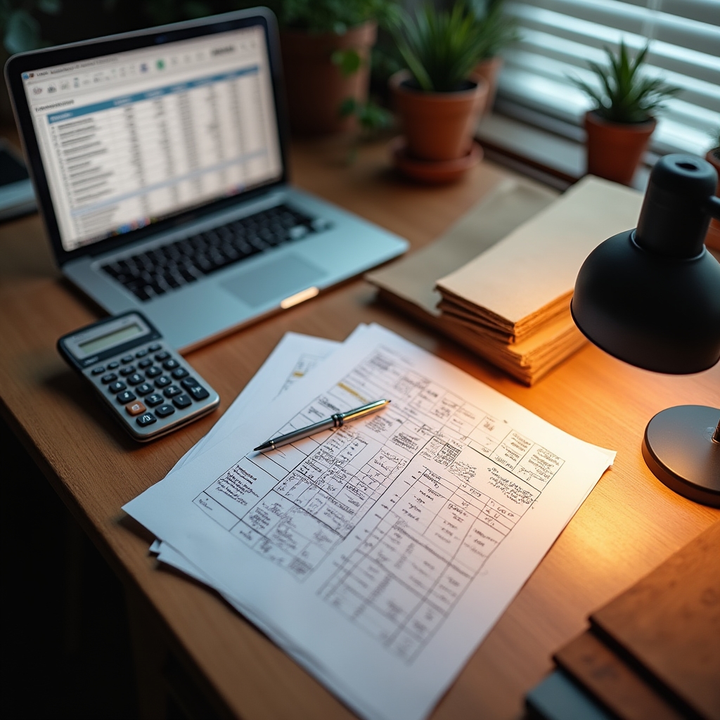 Scrivania con fogli di pianificazione budget, laptop aperto e campioni di materiali disposti in ordine