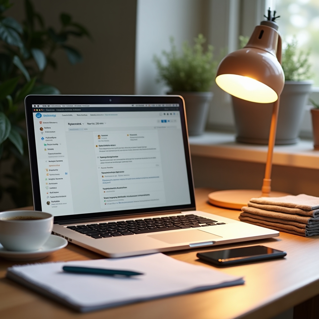 Scrivania di lavoro con laptop, taccuino e campioni di materiali usata per organizzare le richieste dei clienti