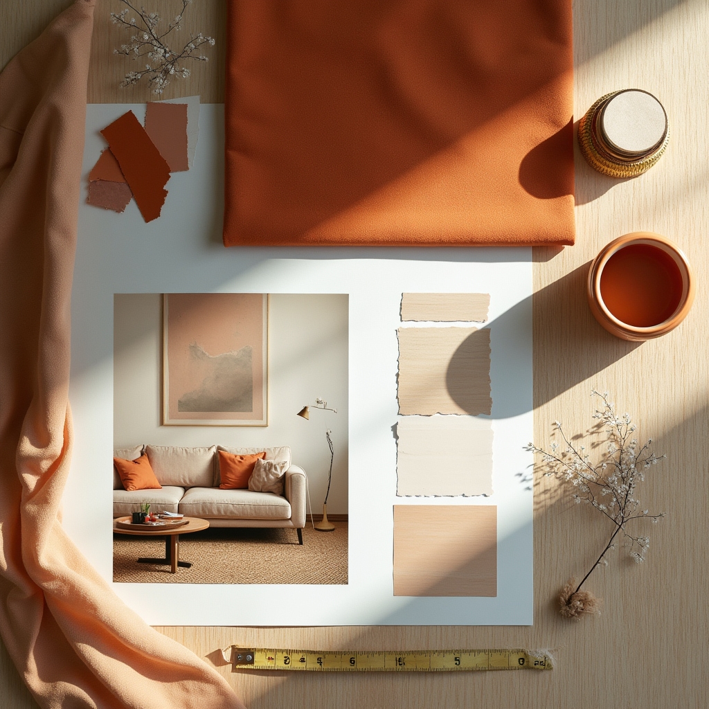 Composizione dall'alto di campioni di tessuto, tavolette di colore e finiture in legno usate per una moodboard