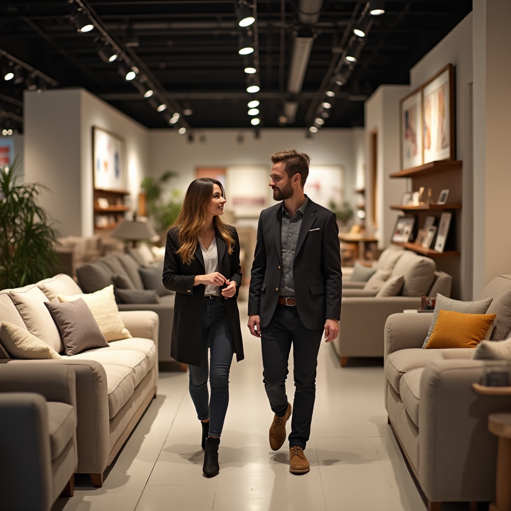 Consulente e cliente camminano tra i corridoi di uno showroom di arredamento osservando i prodotti esposti