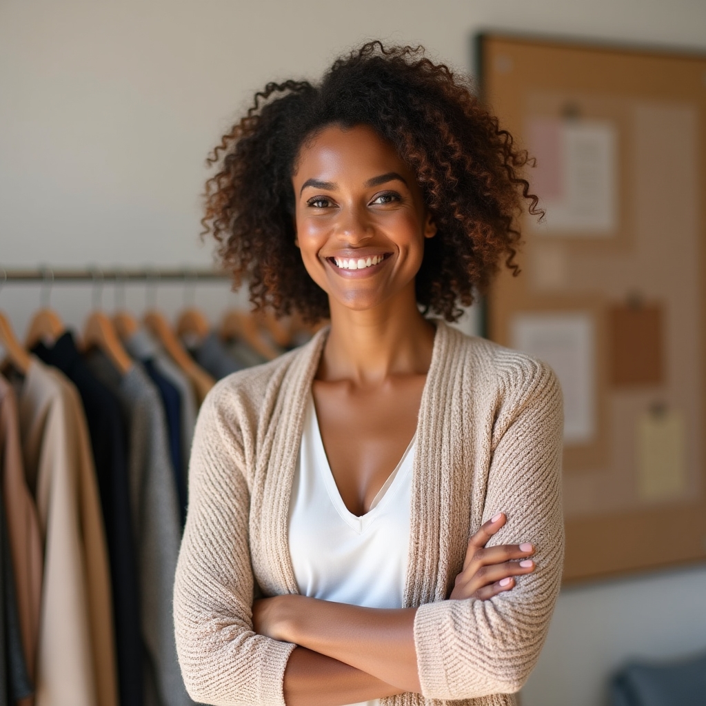 Ritratto di una consulente di personal shopping per la casa, sorridente, in un ambiente luminoso con campioni di materiali